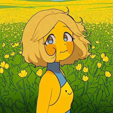 Yunu, 1girl, solo, short wavy light blonde hair with streaks, yellow skin, flushed cheeks, long blue sleeveless shirt that covers her neck, yellow top, 
Half body, Yunu smiling while standing sideways and crossing her arms as she looks at the viewer, the wind moving her hair. In the background, a field of flowers with a village
