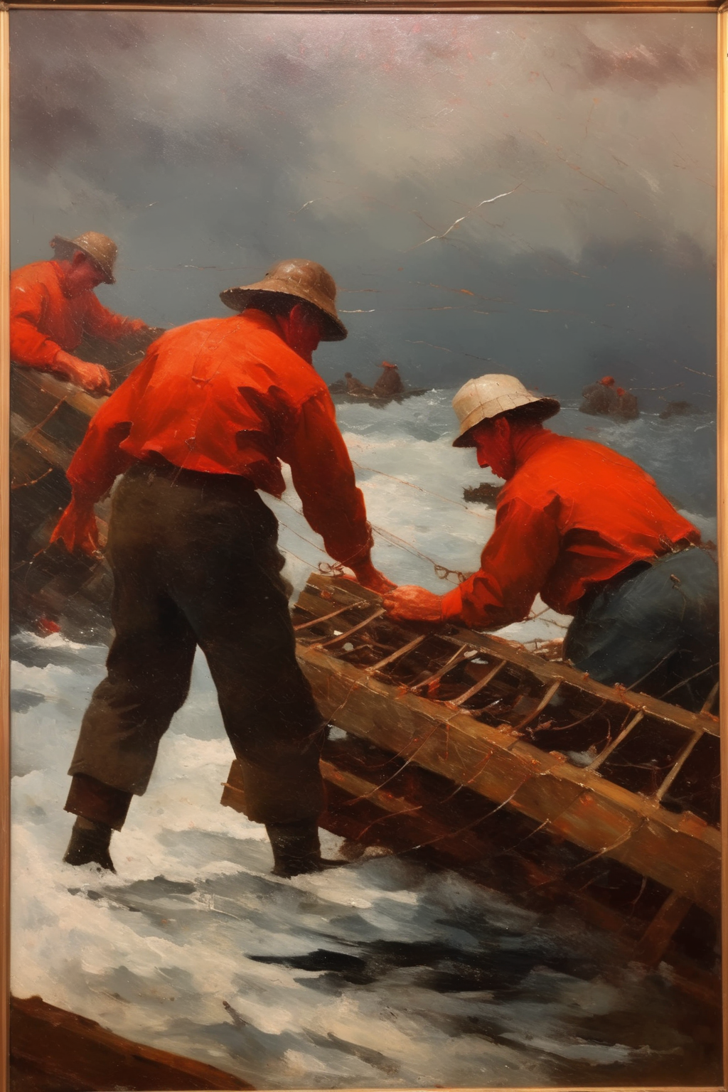 <lora:Winslow Homer Style:1>Winslow Homer Style - oil painting by winslow homer, lobstermen caught in storm, vintage antique lobster traps
