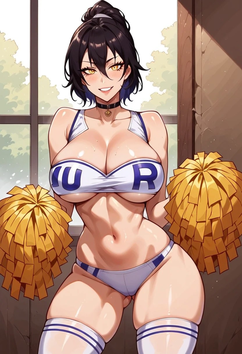 score_7_up, source_anime, (beautiful face, beautiful eyes, detailed eyes, detailed face:1.2),
1girl, solo, girl solo, slobber, hourglass shaped body, curvy figure,
front view, (cheerleader uniform:1.2), heels, choker, stockings, 
dynamic standing seductive pose, seductive pose, half body,lewd face, slutty a lot, lewd face, slutty a lot, horny eyes, smug, 
huge ass, huge tits, large ass,
beautiful anime face, detailed anime face,
(wide hips:1.3),
Tomoe Sukuba, black hair, short hair, ponytail, hair between eyes, yellow eyes, large breasts, makeup, horny, lewd, slutty,