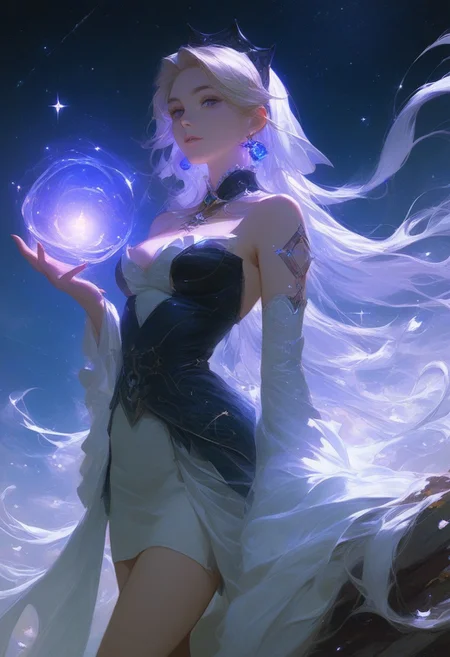 score_9, score_8_up, score_7_up, score_6_up, realistic, 
(1girl, solo, celestial mage maid), purple eyes, slim body type, medium breasts, glowing skin with star tattoos, dreamy look, absurdly long hair, flowing waves, cosmic blue with galaxy highlights, mage-inspired maid outfit with constellations, floating crystal earrings, outdoors, standing on cliff edge, starry night background, soft moonlight, holding a glowing orb, magical aura around, constellations forming above.
,Expressiveh