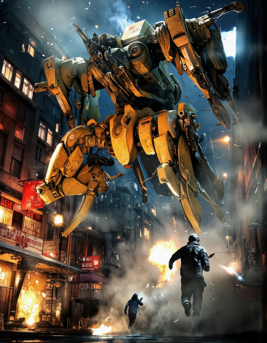 Art by Col Price & Ronan Le Fur.
A dramatic digital illustration shoot from a far camera angle about a large, imposing robot-like creature towering over two silhouetted figures in a post-apocalyptic cityscape. the scene is set in a dimly lit, urban environment with neon signs and buildings in the background, creating a chaotic and intense atmosphere. the robot, positioned in the center of the image, appears to be a giant, humanoid creature with a yellow and black color scheme, towering over the two figures in front of it. it has multiple arms and a large gun mounted on its back, and is surrounded by flames and smoke, with smoke and debris flying around it. on the left side of the scene, a man in a black hoodie and pants is facing away from the viewer, while on the right side, another man in black pants and a black jacket is running towards the robot. the man in the foreground is holding a gun in his hand, and the other man is running away from him. the overall scene is filled with a sense of chaos and destruction, with the robot's presence commanding attention. the image is highly detailed and realistic, with a focus on the textures and lighting, making it a captivating and intense scene.
