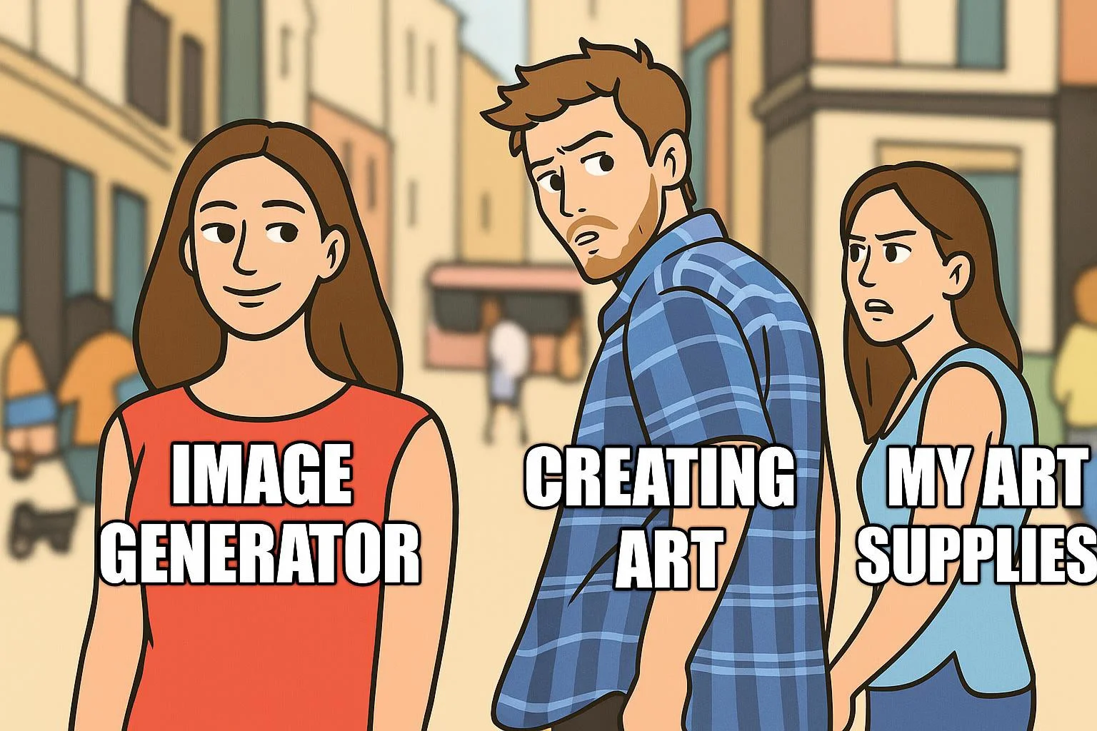 Recreate this meme but in a cartoon stil.
The text on the lady in red should read Image generator, the text on the guy should replaced with creating art and the text on the lady in blue should be replaced with my art supplies