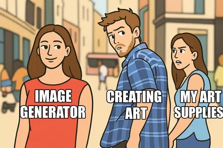 Recreate this meme but in a cartoon stil.
The text on the lady in red should read Image generator, the text on the guy should replaced with creating art and the text on the lady in blue should be replaced with my art supplies