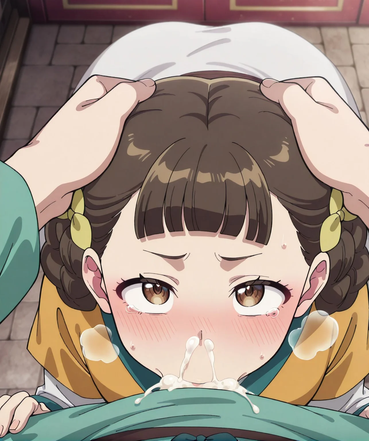 <lora:add-detail-xl:0.5>,,masterpiece, best quality, newest, absurdres, highres, detailed eyes, beautiful, detailed background, perfect eyes, anime coloring, anime screencap,
<lora:Vacuum_Fellatio-000039:0.4>Vacuum_FellatioV1,
1girl, 1boy, blowjob, oral, fellatio, vacuum fellatio, steam,
cumshot in mouth, cum in mouth, pov,fucked silly,tearing up,
cum explosion, cum out nose, head grab,deepthroat,
excessive cum, cum bubble, looking up,blush, heavy breathing,
<lora:Xiaolan:1> xia0lan, brown hair, hair bun, double bun, blunt bangs,braided hair rings, brown eyes,short hair,Chinese clothes,layered sleeves, short over long sleeves,yellow hanfu, white dress,
20YO, milf,adult,