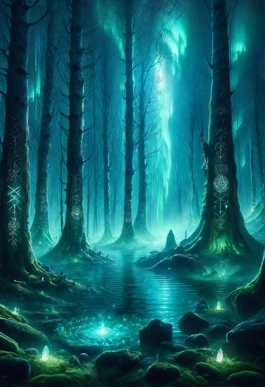 ais-rcn, a hidden spring deep in the forest, illuminated by the ethereal dance of the northern lights, its waters thought to hold ancient powers <lora:ais-rcn-sdxl:1>, cinematic