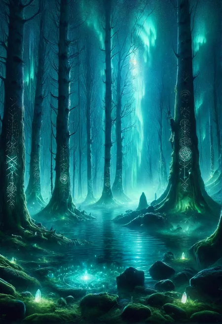 ais-rcn, a hidden spring deep in the forest, illuminated by the ethereal dance of the northern lights, its waters thought to hold ancient powers <lora:ais-rcn-sdxl:1>, cinematic