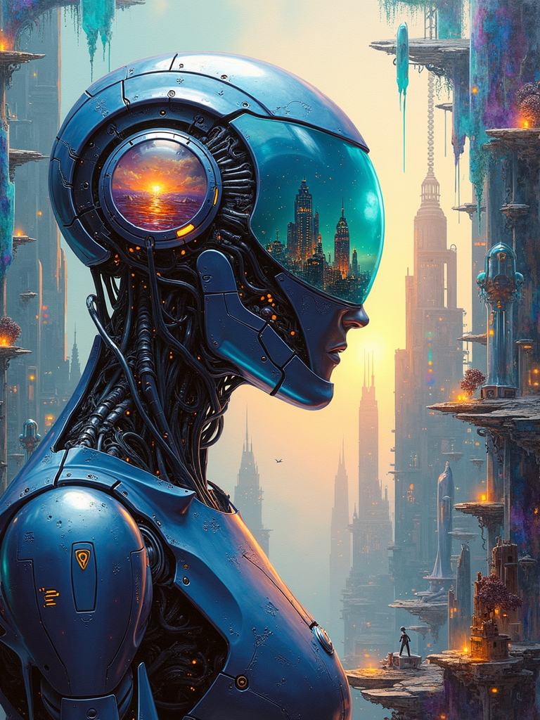 The painting is rendered in a mind-bending hyperrealistic sci-fi style. The brushstrokes are so fine that they seem to disappear, creating a seamless and almost photographic quality. The colors are a vivid explosion of iridescent hues and metallic tones, with a hint of neon glow. The texture is a complex combination of smooth surfaces and intricate patterns that seem to shift and change depending on the light.
Scene Description: In the center of the painting looms a colossal robotic being, its upper body in a powerful half-portrait view. The robot's body is a fusion of advanced alloys and energy fields, with a sleek and imposing design. Its face is a transparent, multi-faceted visor that reflects a kaleidoscope of complex and fantastical future landscapes. Some of these landscapes are pulsating cityscapes filled with towering crystalline structures and floating platforms. Others are alien worlds with strange bioluminescent flora and fauna. The robot's body is adorned with intricate runes and symbols that seem to glow with an inner power. Surrounding the robot are fragments of shattered glass-like panels that refract and distort the light, creating a mesmerizing play of colors and shapes. Each panel shows a different fragment of a surreal and otherworldly scene, from a cosmic storm to a time-traveling portal.
Composition: The robot is the dominant force in the frame, its massive presence creating a sense of awe and wonder. The fragmented panels are arranged in a dynamic pattern around the robot, leading the eye in a circular motion and adding to the sense of mystery. The composition is asymmetrical and full of tension, with no clear center but a constant flow of energy.
Color Palette: The colors are a vivid mix of electric blues, purples, and greens, with accents of gold and silver. The robot's body is a combination of metallic tones and iridescent hues, while the panels reflect a rainbow of colors. The overall effect is a visual feast that challenges the imagination.
Light and Shadow: A soft, otherworldly light emanates from the robot and the panels, casting a gentle glow and creating long, dramatic shadows. The light seems to bend and refract around the surfaces, adding to the surreal atmosphere. The shadows are deep and mysterious, hinting at hidden depths and unknown powers.
Detail: Every inch of the painting is a masterpiece of detail. The robot's body is covered in minute patterns and textures, from the microscopic circuitry on its surface to the complex mechanisms within. The visor reflects a world of infinite detail, with every building, creature, and phenomenon clearly defined. The fragmented panels are filled with intricate scenes that seem to tell a story of their own, inviting the viewer to explore and discover.