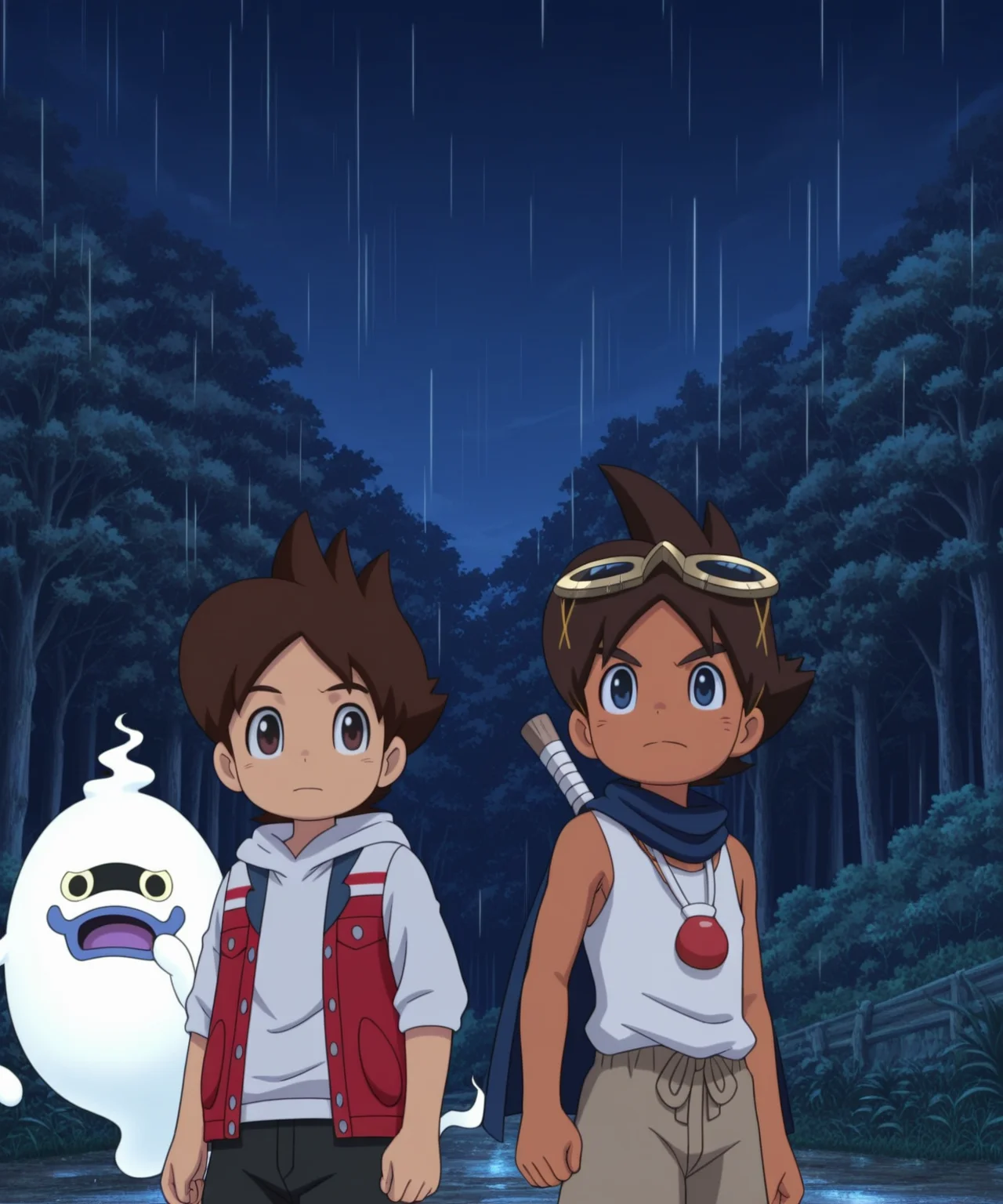 masterpiece, best quality, amazing quality, <lora:YoukaiWatchTheMovie-ILL-Civitai:1>,
duo focus, brown hair\\\(amanokeita\\\), brown eyes\\\(amanokeita\\\) BREAK amanokeizou, brown hair\\\(amanokeizou\\\), blue eyes\\\(amanokeizou\\\), dark-skinned male, dark skin, 2boys, multiple boys, ghost, outdoors, male focus, traditional youkai, open mouth, rain, night, hood, jacket, sleeveless, goggles, tree, short hair, goggles on head, forest, closed mouth, shirt, sleeveless jacket