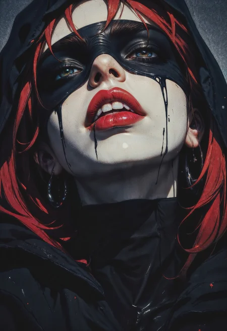 a highly detailed digital artwork portraying a mysterious, gothic-themed female figure. The image focuses on the woman's face and upper torso, with her head slightly tilted to the right. She has pale, almost ghostly skin, and her lips are painted a vivid, glossy red. Her full lips are slightly parted, revealing a hint of teeth. A black cloth covers her eyes, and a red, almost black, streak of hair falls across her forehead and partially over her eyes.
Dramatic lighting highlights the contours of her face, casting shadows that enhance the eerie and intense atmosphere. The background is dark and nondescript, allowing the subject to stand out starkly. There are droplets of a dark, viscous liquid—possibly blood—trickling down her lips and chin, adding to the macabre and haunting theme.
The texture of the image is smooth with a slight glossy finish, particularly on the woman's lips and the liquid. The style is hyper-realistic with a touch of surrealism, making the scene both unsettling and mesmerizing. The overall color palette is dark, with shades of black, red, and deep gray dominating the composition, creating a stark and ominous visual impact.