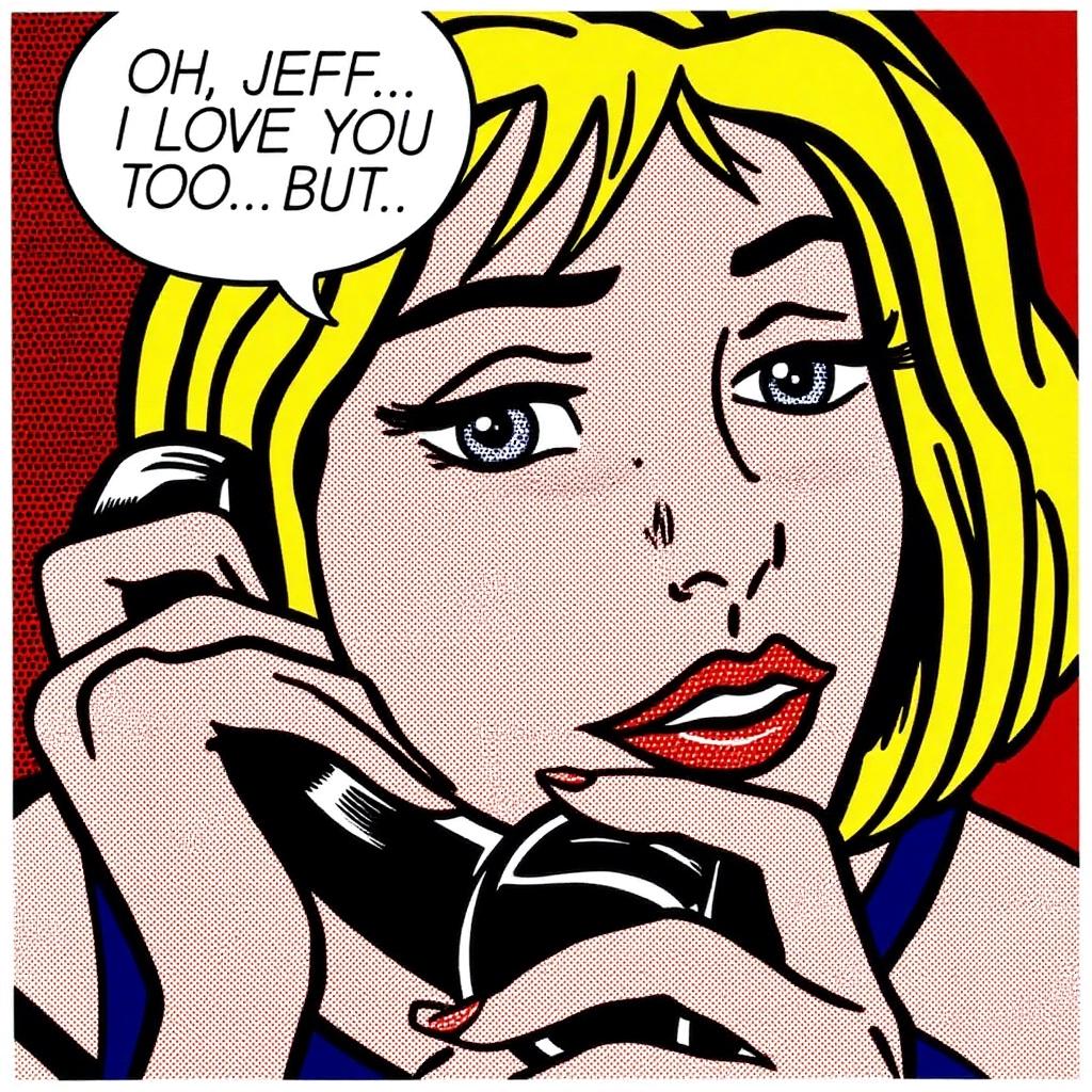 lichtenstein1 illustration.
A close-up of a woman's face with short blonde hair styled in a bob cut. 
She is talking through a vintage retro corded telephone handset.
There is a speech bubble that says "OH, JEFF... I LOVE YOU, TOO... BUT.."
 <lora:lichtenstein1_cap_d6a3e8:1.0><lora:835907370317089747:0>