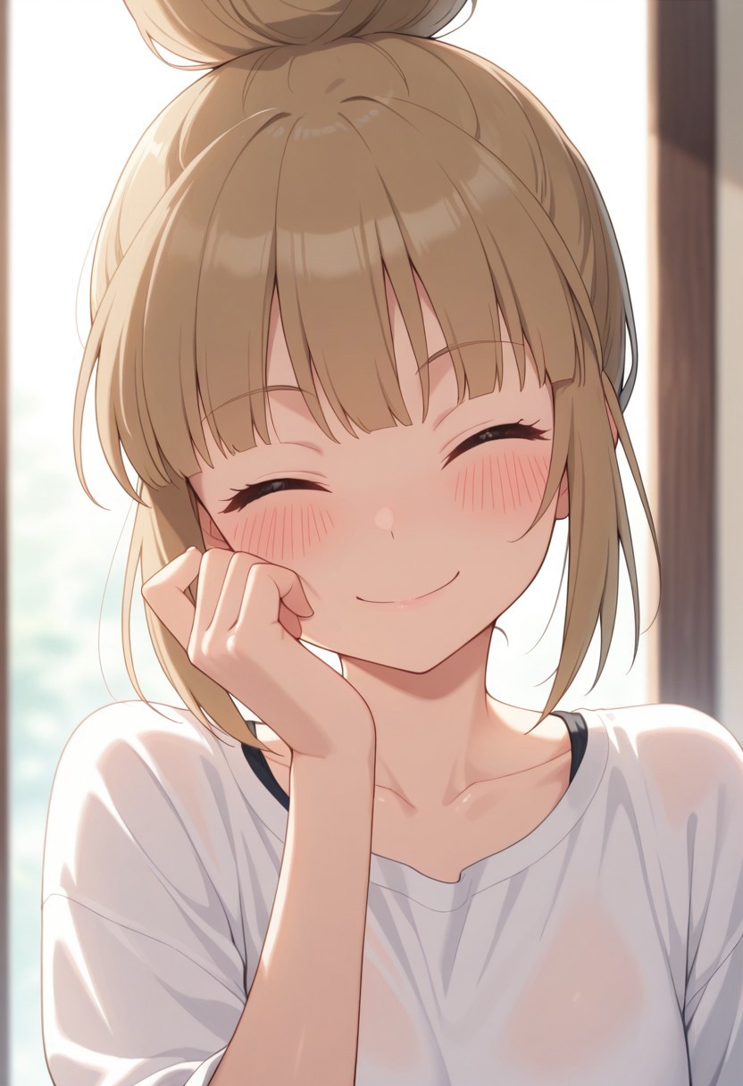 masterpiece,best quality,amazing quality, umenoki mitsuko, light brown hair, single hair bun, 1girl, solo, closed eyes, smile, blush, hand up, facing viewer, closed mouth, shirt, collarbone, white shirt