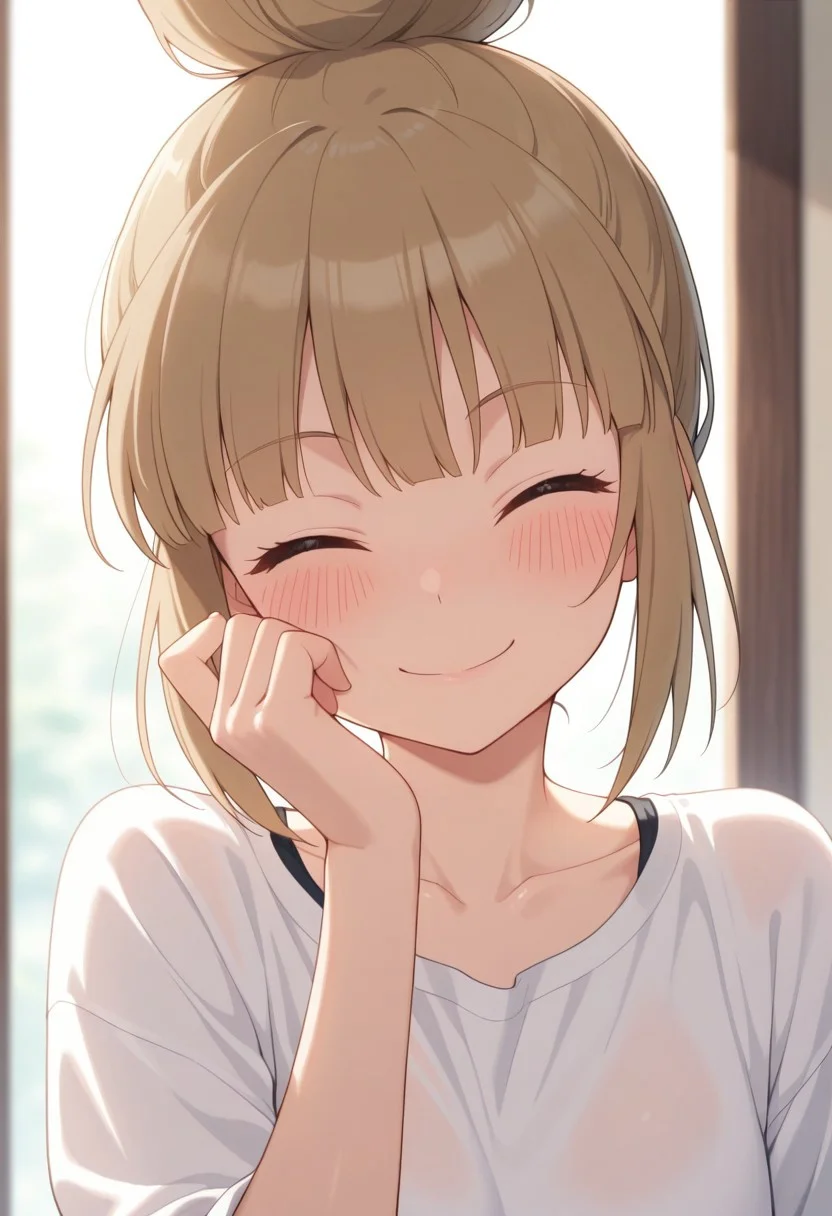 masterpiece,best quality,amazing quality, umenoki mitsuko, light brown hair, single hair bun, 1girl, solo, closed eyes, smile, blush, hand up, facing viewer, closed mouth, shirt, collarbone, white shirt