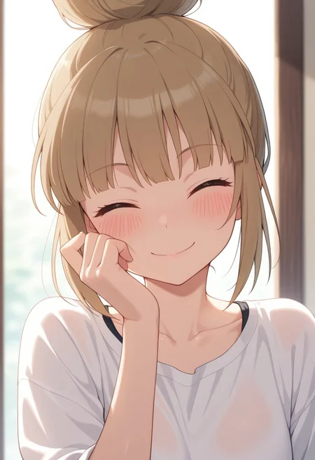 masterpiece,best quality,amazing quality, umenoki mitsuko, light brown hair, single hair bun, 1girl, solo, closed eyes, smile, blush, hand up, facing viewer, closed mouth, shirt, collarbone, white shirt