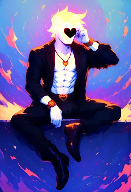 score_9, score_8_up, score_7_up, score_6_up, score_5_up, score_4_up, rating safe, Novakin, 1man, tall, slender, abs, solo, heart symbol on face, faceless, no eyes, no mouth, no nose, no facial features, glowing, white fiery hair, body made of plasma, white plasma, white skin, fancy black boots, black fedora with white stripes, black suit with white stripes, shirtless, black pants with white stripes, white gloves, open shirt, sitting, relaxing, full body, black heart necklace, wristwatch, silver rings, detailed background, mushg4l, colourful, trippy, night background