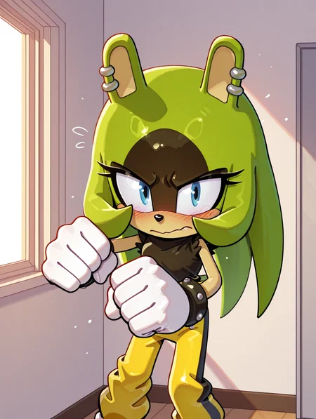 <lora:Surge_the_Tenrec_NS:1> surge the tenrec, fighting stance, indoors, hair down, blush, shy, looking at viewer,, masterpiece, best quality, amazing quality, very aesthetic, absurdres, new, newest,, <lora:Sonic_Channel_illu_2.5b:0.8> sonic channel \(style\), BREAK <lora:EvanStan-Illustrious:0.8> evnstnly