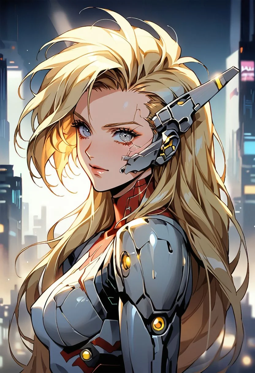 score_9, score_8_up, score_7_up, score_6_up, source_anime, 1girl, long hair, blonde hair, steel prosthetic, polished metal, cyborg, detailed eyes, mechanical parts, cyberpunk, cityscape background, skyline, shiny clothes, athletic, solo, depth of field, zPDXL2, 1980s \(style\),