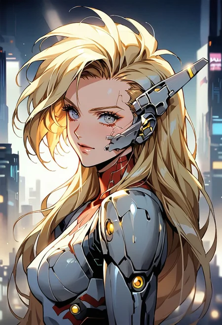 score_9, score_8_up, score_7_up, score_6_up, source_anime, 1girl, long hair, blonde hair, steel prosthetic, polished metal, cyborg, detailed eyes, mechanical parts, cyberpunk, cityscape background, skyline, shiny clothes, athletic, solo, depth of field, zPDXL2, 1980s \(style\),
