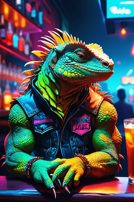 Detailed digital illustration of an anthro Iguana (Staring into the horizon, pondering life) at a Neon-lit bar with holographic drink menus, <lora:xl_more_art-full_v1:0.5>,  <lora:anthro_muscular:0.7>,  <lora:MJ52:0.6>, <lora:madpunk:0.4> madpunk