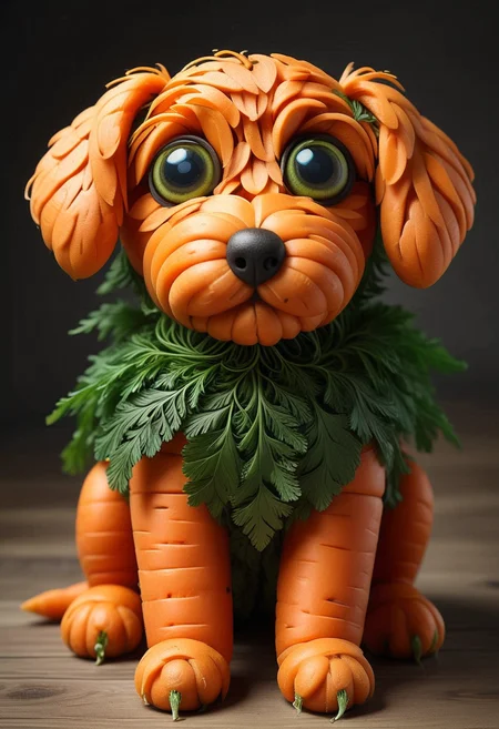 C4RR0T5, a cute dog is made of carrot leafs, detailed face, (big eyes:0.9), detailed eyes, ,Masterpiece,best quality, raw photo, realistic, very aesthetic