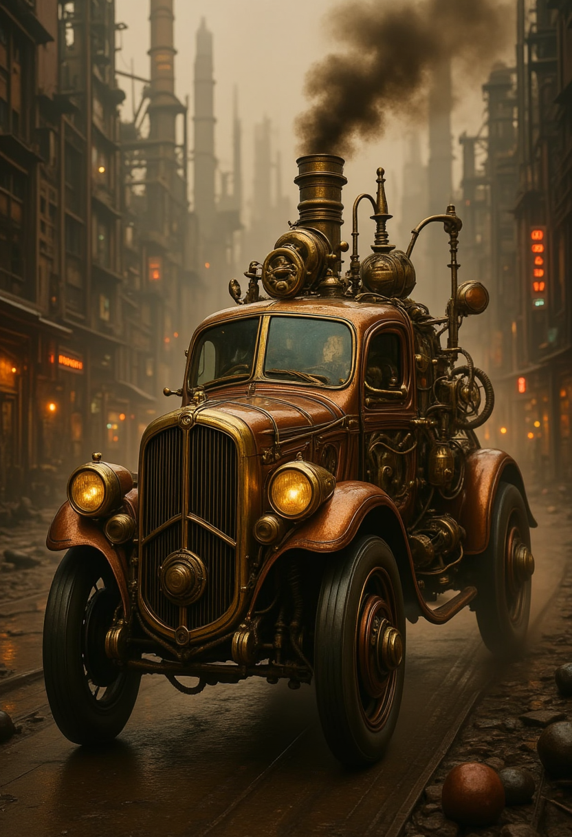 , Retro- futuristic Art: A grand, steampunk car with brass and copper details, traveling through a bustling industrial cityscape with towering structures and billowing smoke, featuring elaborate mechanical components and a with intricate textures and vibrant colors. The scene should include a rich variety of elements, each contributing to the overall atmosphere. Lighting should be soft, diffused, and natural, enhancing the depth and realism of the scene. The mood is to be calm yet vibrant, creating a sense of serenity and wonder. Every detail in the scene should be meticulously rendered, emphasizing the contrast between light and shadow, and capturing the fine textures and subtle gradients. The color palette should be carefully chosen to evoke emotion, with each hue enhancing the aesthetic appeal of the overall composition. The final image should be immersive and captivating, drawing the viewer into its intricately detailed world.