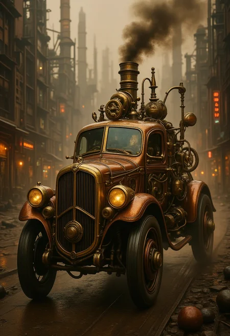 , Retro- futuristic Art: A grand, steampunk car with brass and copper details, traveling through a bustling industrial cityscape with towering structures and billowing smoke, featuring elaborate mechanical components and a with intricate textures and vibrant colors. The scene should include a rich variety of elements, each contributing to the overall atmosphere. Lighting should be soft, diffused, and natural, enhancing the depth and realism of the scene. The mood is to be calm yet vibrant, creating a sense of serenity and wonder. Every detail in the scene should be meticulously rendered, emphasizing the contrast between light and shadow, and capturing the fine textures and subtle gradients. The color palette should be carefully chosen to evoke emotion, with each hue enhancing the aesthetic appeal of the overall composition. The final image should be immersive and captivating, drawing the viewer into its intricately detailed world.
