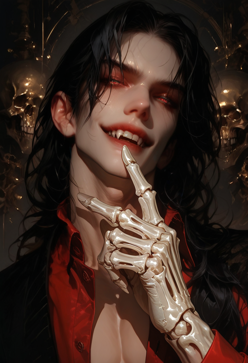 score_9, score_8_up, score_7_up, source_anime, masterpiece, ultra-realistic 8k, (best quality), (lots of details), (intricate details), perfect male painting, detailed painting, inrticate, realistic skin, (male focus:2.2), (flat color, dark theme), portrait, 1boy, adult, vampire, standing, open mouth, happy, smile, masculine, undercut hair, black hair, long hair, red eye, blue eye, glowing eyes, fangs out, teeth, skeleton's hands cover his eyes, looking at viewer, red shirt, unbuttoned shirt, pectorals,  intricate shadows, (shaded), in dark abandoned room, glare and reflections, highres textures, high-contrast, Expressiveh, (sinozick style:0.5)