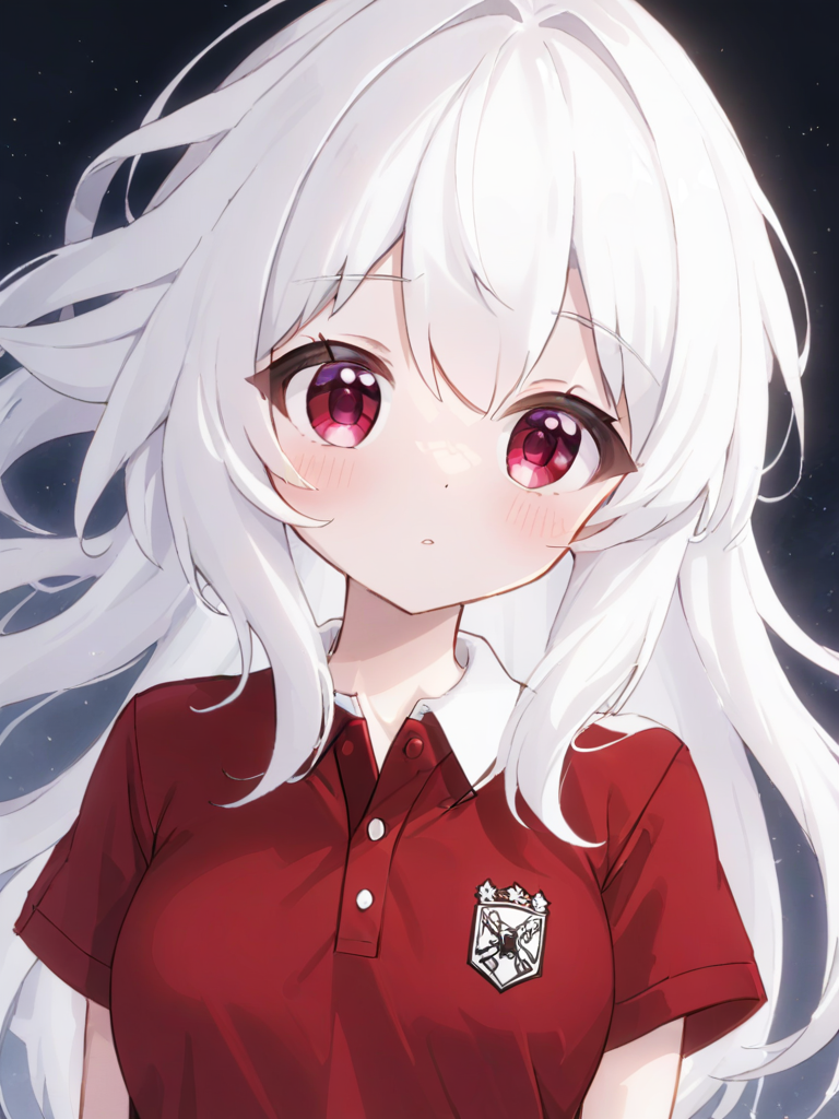kelala girl,white hair,Red eyes,<lora:xl_kelala girl-000011:0.9>,polo shirt