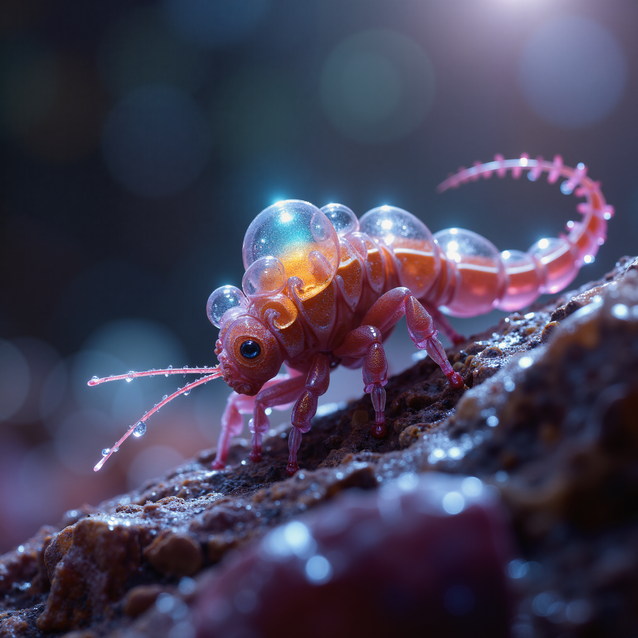 detailed atmospheric dark fantasy classical-style painting, award-winning macro photo, (short depth of field:1.2), fractal art, the (diminutive:1.4) "springy spittlezax" is a (mind-bending:1.2) and (peculiar:1.2) (crystalline species:1.3) roaming the pugmodering crystalline lands of its homeworld "venzenulon vii", its reflective translucent exoskeleton shimmering with iridescent colors in its vorbing lair, (dappled sunlight:1.2)