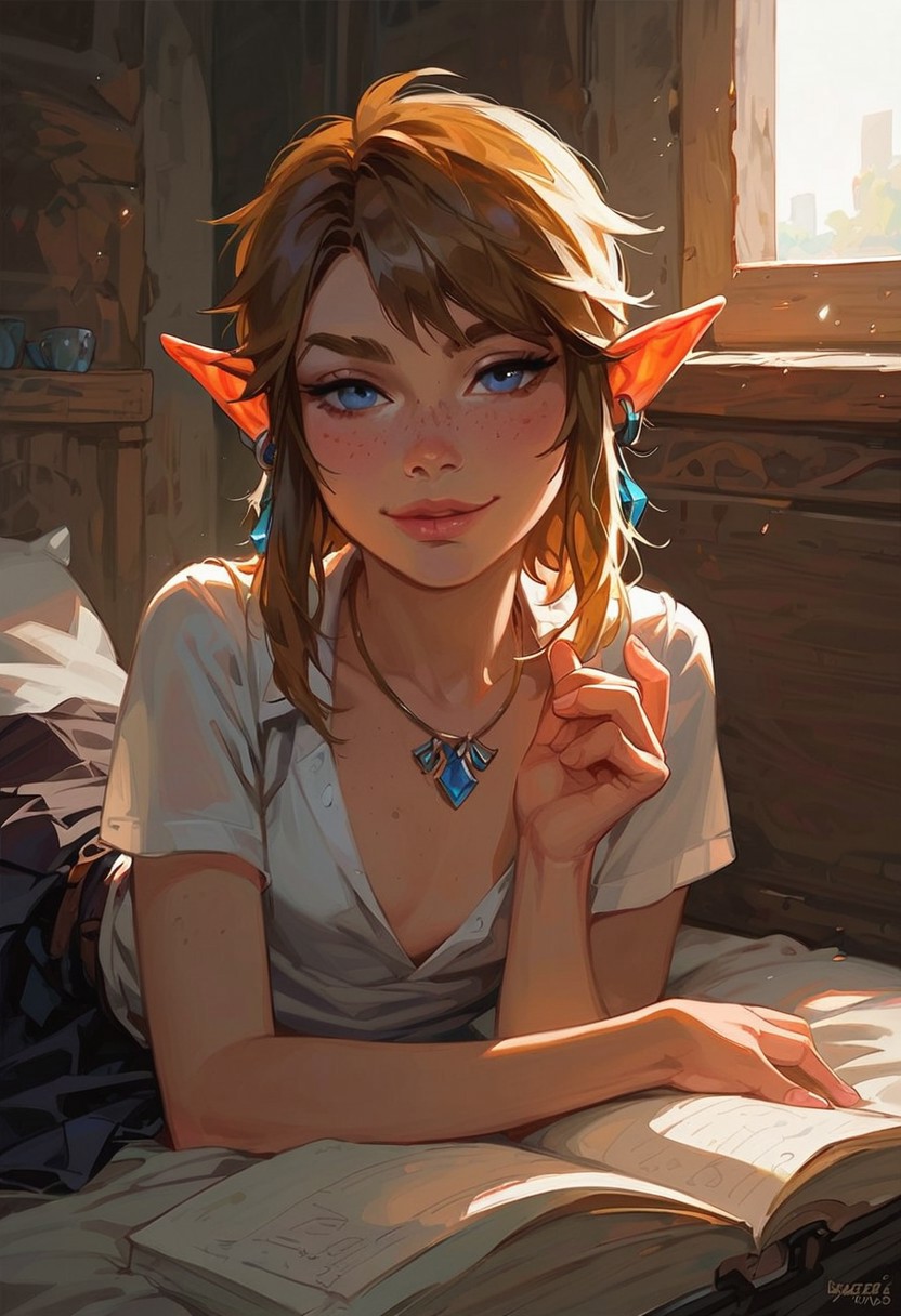 score_9, score_8_up, score_7_up,1girl,Link (legend of zelda),18yo,young,solo,school uniform,lying prone,bedroom,sunlight,smirk,raised eyebrow,looking at viewer,flat chest,slender,shiny skin,petite body,short,shapely,supple,earrings,necklace,freckles,lips,erotic,beautiful,pretty,seductive,sexy,high quality,high detail,masterpiece,realism