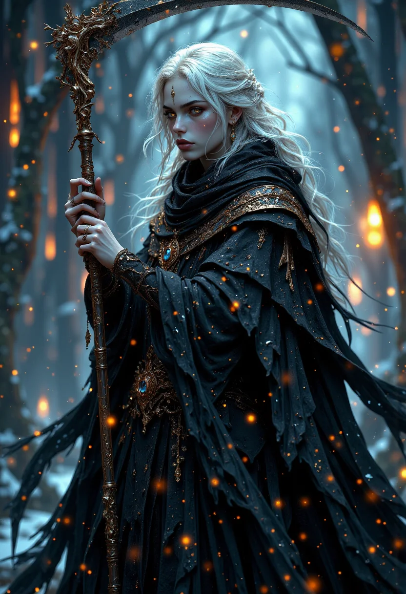 A Renaissance-style, full-body character design of A woman with ethereal beauty, beautiful but terrifying, with totally white eyes, ashy white hair, pale skin, wearing a black robe surrounded by a black aura and carrying the sickle of death, her presence gives a shiver. (maximum ultra high definition image quality and rendering:3), maximum image detail, maximum realistic render, (((ultra realist style))), realist side lighting, , 8K high definition, realist soft lighting, (amazing special effect:3.5)
<lora:FluxMythP0rtr4itStyle:0.6> <lora:Midjourney_Dreamlike_Fantasy_FLUX_LoRA:0.6> <lora:Elden_Ring_-_Yoshitaka_Amano:0.33>