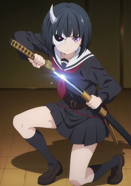 volumetric lighting, official style, amazing quality, ultra detailed, highres, detailed background,anime coloring, (anime screencap) masterpiece, detailed face,1girl<lora:Rin_Onigawara__:0.7>Rin_Onigawara, black hair, short hair, purple eyes, bangs, bob cut, blunt bangs, half-mask, horn, school uniform, skirt, socks, shoes, pleated skirt, kneehighs, black skirt, sheath, loafers, long sleeves, black serafuku,(katana, fighting stance, arm support, unsheathing,1.2)