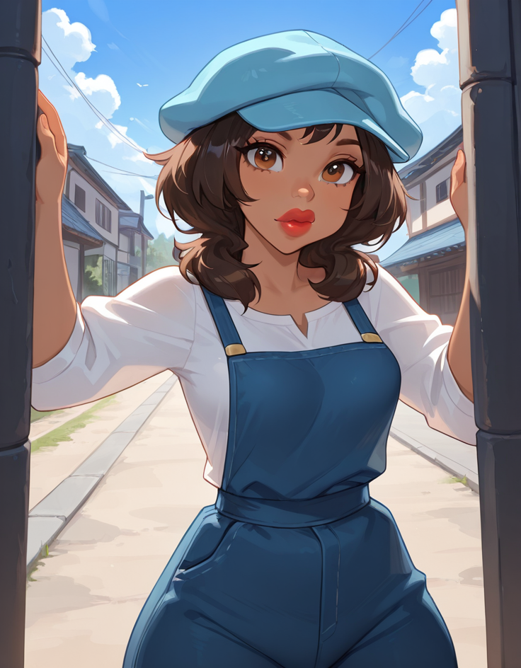 masterpiece, best quality, amazing quality, very aesthetic, absurdres,  newest, detailed background, 4k, 8k, outdoors, beautiful eyes, hyperdetailed, dynamic pose, dynamic angle,
audreyxd, 1girl, solo, dark-skinned female, medium hair, hat, lips, lipstick, brown eyes, white shirt, overall, cowboy shot, medium breasts, looking at viewer, 
 <lora:Audrey_Ramirez_-_Disney_Illustrious:1>