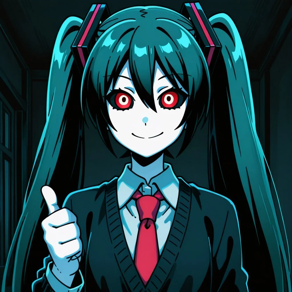 anime screencap,solo,1girl,hatsune miku,red eyes,black sclera,school uniform,necktie,smile,thumbs up,looking at viewer,upper body portrait,indoors,dark bedroom