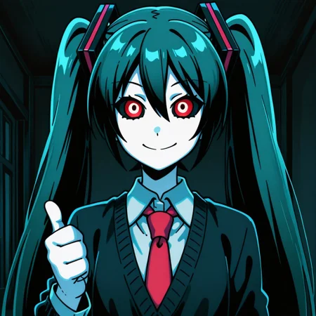 anime screencap,solo,1girl,hatsune miku,red eyes,black sclera,school uniform,necktie,smile,thumbs up,looking at viewer,upper body portrait,indoors,dark bedroom