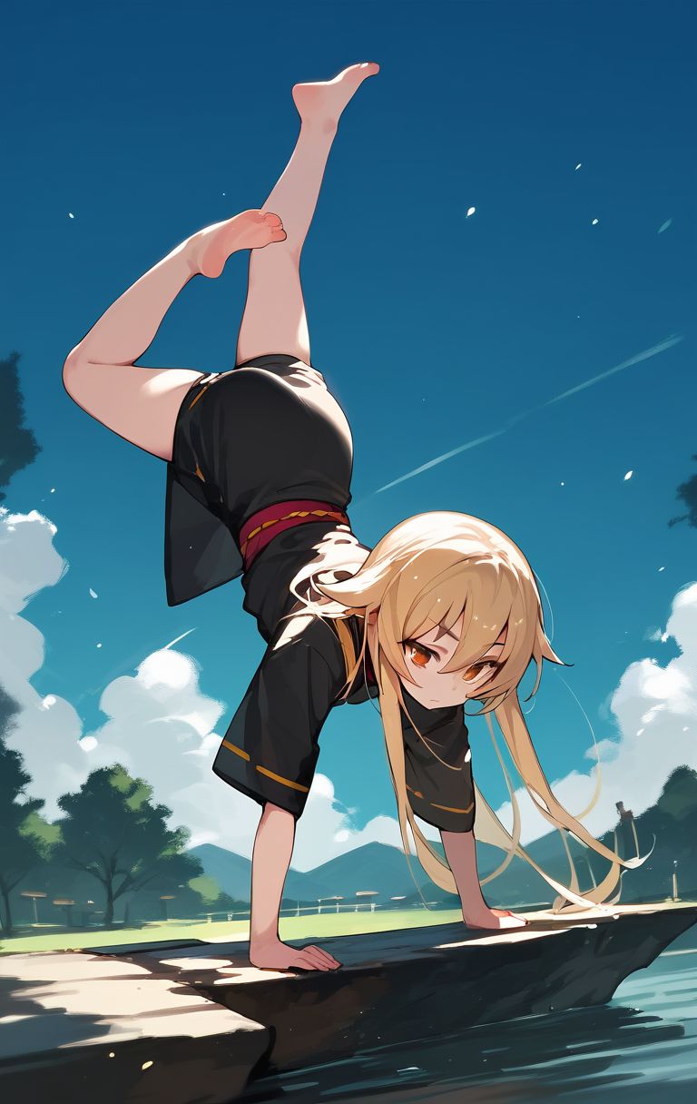 balancing, score_9, score_8_up, score_7_up, score_6_up, <lora:PONY_character_ashikaga_chachamaru:1>,ashikaga_chachamaru,blonde hair