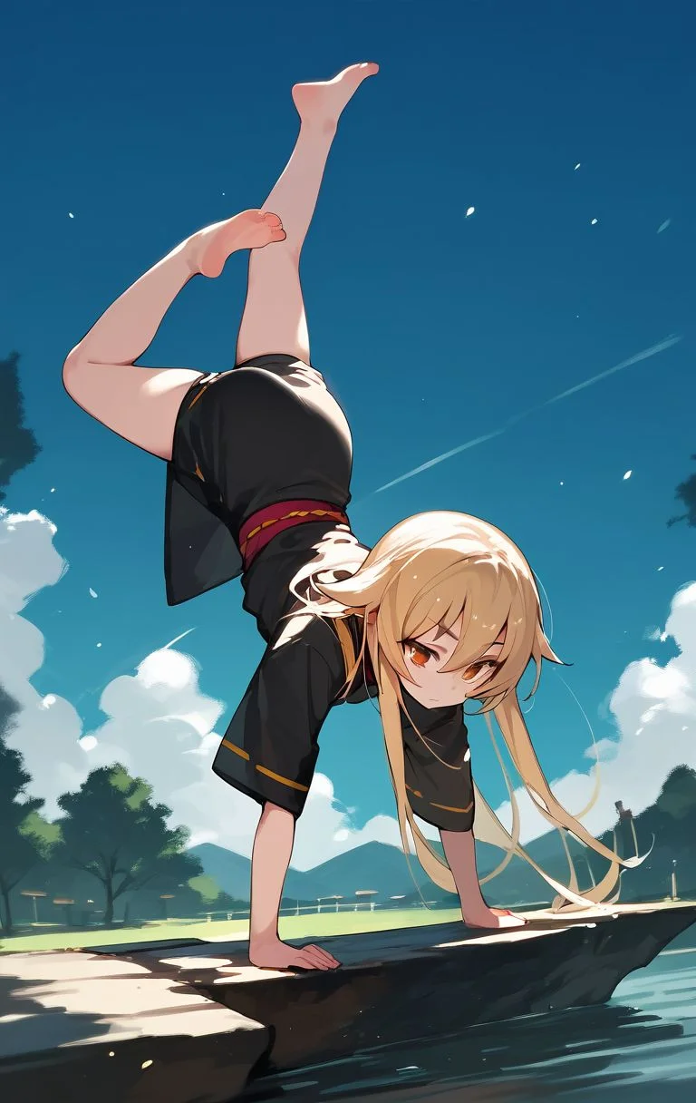 balancing, score_9, score_8_up, score_7_up, score_6_up, <lora:PONY_character_ashikaga_chachamaru:1>,ashikaga_chachamaru,blonde hair