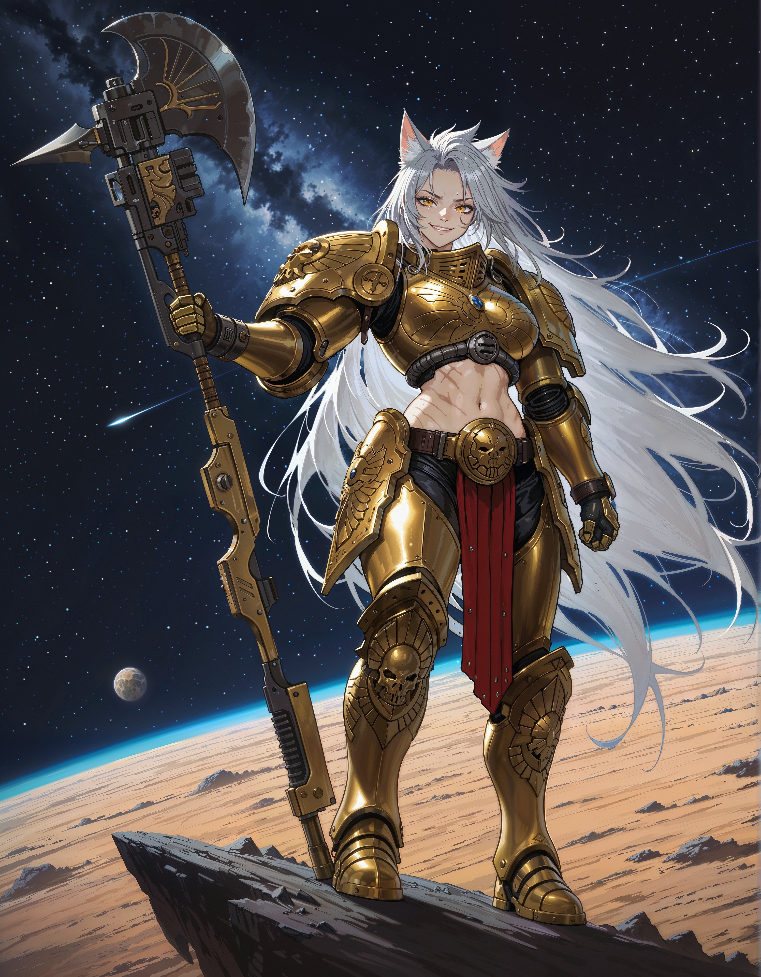 masterpiece, best quality,high quality, newest, highres,8K,HDR,absurdres, iLLCustodes40k, 1girl, spiky hair, very long hair, silver hair, cat ears, scars, power armor, golden armor, midriff, holding an axe, on the moon, space, yellow eyes, slit pupils, smirk, <lora:iLLCustodes40k:1>
