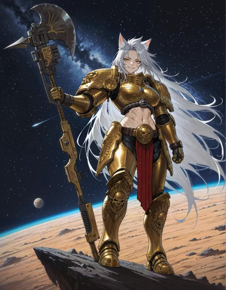 masterpiece, best quality,high quality, newest, highres,8K,HDR,absurdres, iLLCustodes40k, 1girl, spiky hair, very long hair, silver hair, cat ears, scars, power armor, golden armor, midriff, holding an axe, on the moon, space, yellow eyes, slit pupils, smirk, <lora:iLLCustodes40k:1>