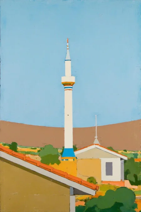 euanuglow1 painting.
A building with a tall minaret surrounded by a small building with a flat roof. The foreground includes a structure with a sloped roof painted in earthy tones.
<lora:euanuglow1_cap_d6aee11:1.0><lora:845529415615094945:0>