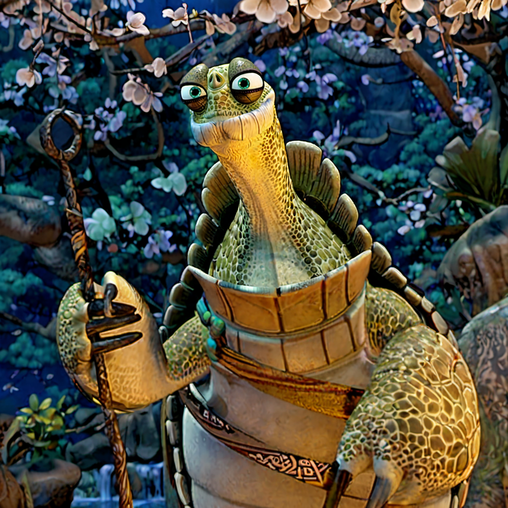 Oogway1024, a kungfu-master turtle, jungle, river, mystical athmosphere, detailed eyes, highly detailed, photography, ultra sharp, film, bokeh, professional, 4k <lora:lcm_lora_sdxl:1> <lora:Oogway1024:0.8>