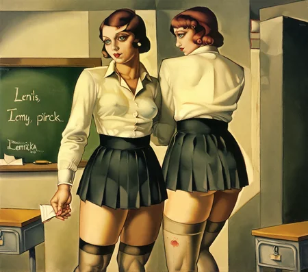 <lora:lempicka_pony_v2:1> ' miss piggy ' by lempicka tamara de in 1929,portrait \(genre\),art deco \(style\),cubism \(style\), Standing before the blackboard, the new teacher at school commands attention. Her attire, a crisp unbottened satin blouse paired with a pleated skirt, is accented by the subtle allure of (laced stockings), adding a touch of fragile femininity to her slender authoritative presence in the classroom. She is revealing her perky protuberant feminity, exposing long narrow calves, (narrow waist), and her gently protuberant skinny curves with fragile, yet authoritative and distiguished feminity., score_9, score_6_up, score_7_up