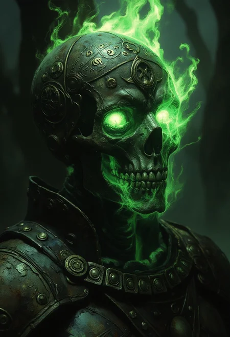 Frank Frazetta fantasy oil painting, R3tun4L style, skelenecro, cinematic lighting, insane details, close-up, 64-megapixel DSLR. scene in a sketch-like style with thick, bold lines. The focus is a close-up of a charming skeleton necromancer’s skull, engraved with glowing eldritch symbols that blend medieval magic and futuristic sci-fi. His hollow eye sockets blaze with green and black eldritch flames.  wears ancient rusted heavy medieval armor. The glowing runes on his bones pulse with energy, radiating a dark power. Atmospheric haze surrounds the scene, heightening the contrast between the deep blacks of the background and the vibrant flames of his eyes. eerie misty dark forest cemetery background