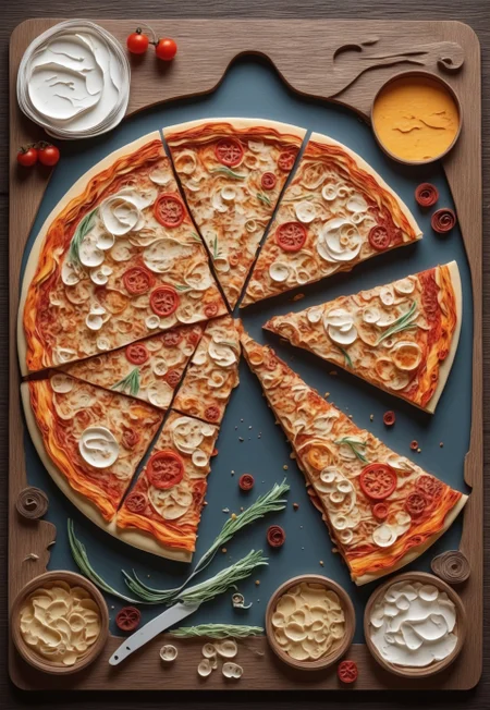 Paper quilling, layered paper. (A slice of pizza with strings of melted paper cheese and detailed toppings). (Background: a rustic kitchen scene in layered paper art style).
4k, high quality, masterpiece,