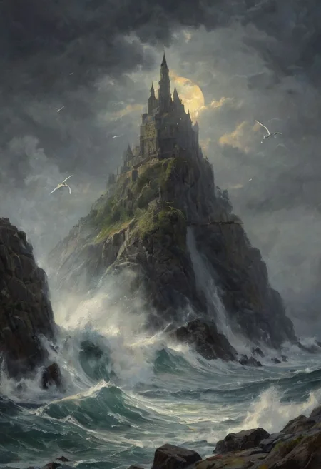 On a rugged cliffside overlooking a vast, tumultuous ocean, a grand castle stands ominously under a dark, stormy sky. The full moon struggles to pierce through the thick, swirling clouds, casting eerie, fragmented beams of light over the scene. Shadows envelop the castle's towering spires and stone walls, giving it a foreboding and mysterious aura. A large banner adorned with a regal emblem flies from the highest tower, fluttering violently in the fierce night breeze. Below, the relentless waves crash against the rocky base of the cliff, sending sprays of saltwater into the air. Seagulls, barely visible against the darkened sky, circle and cry out, adding to the wild, untamed atmosphere of the stormy night.
romantic impressionism, dream scenery art, beautiful oil matte painting, romantic, beautiful digital painting, anime landscape, romantic painting, dreamlike digital painting, colorful painting, thick brushstrokes characteristic, rough stroke, beautiful gorgeous digital art, style of greg rutkowski, thomas kinkade, janek sedlar, jenny saville