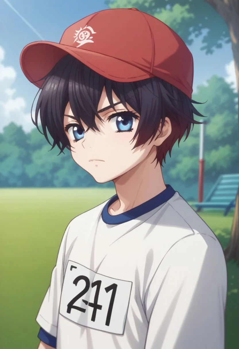 score_9, score_8_up, score_7_up, source_anime, highly detailed,
kazuo, solo, blue eyes, hat, red hat, black hair, gym uniform, short hair, 1boy, male focus, looking at viewer, upper body, closed mouth
outdoor, blue sky, tree