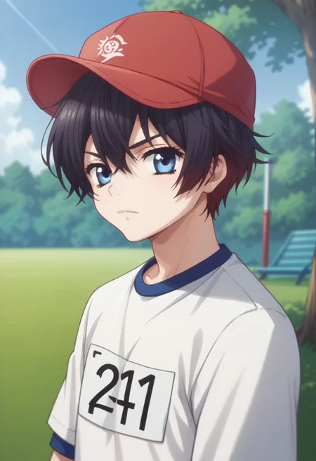 score_9, score_8_up, score_7_up, source_anime, highly detailed,
kazuo, solo, blue eyes, hat, red hat, black hair, gym uniform, short hair, 1boy, male focus, looking at viewer, upper body, closed mouth
outdoor, blue sky, tree