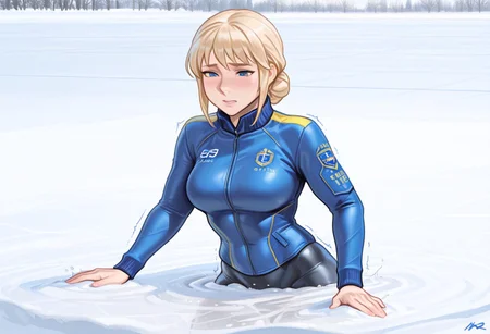 score_9, score_8_up, score_7_up, 1girl, solo, attractive woman, cinematic, Swedish woman, figure skater, blue uniform, skintight jacket, athletic woman, hip-deep in slushy quicksand, struggling, dynamic pose, ice rink background
