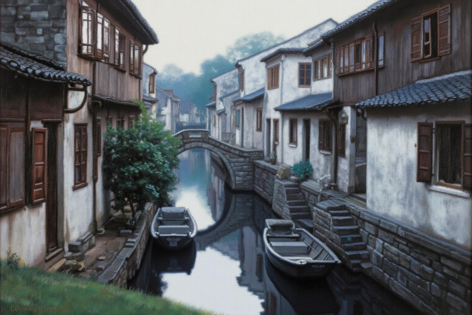 chenyifei2 painting.
A serene canal scene in a traditional village in Southern China. A narrow, winding canal with calm, reflective water is flanked by old, weathered buildings with wooden shutters and doors. There are two small, flat-bottomed boats moored beside a stone staircase.
 <lora:chenyifei2_cap_d6a3:1.0><lora:839838236055588213:0>