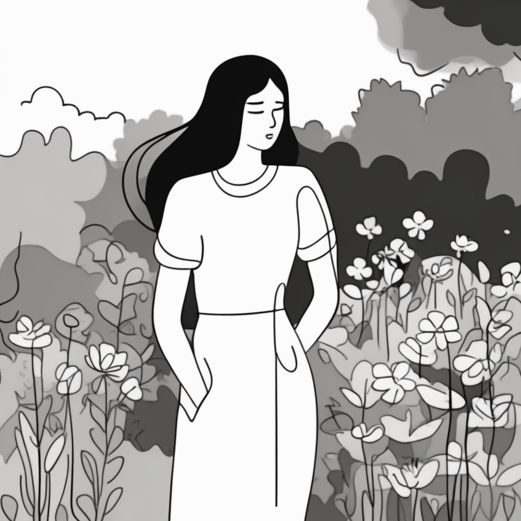 simple line girl in garden<lora:simplex:0.7>
