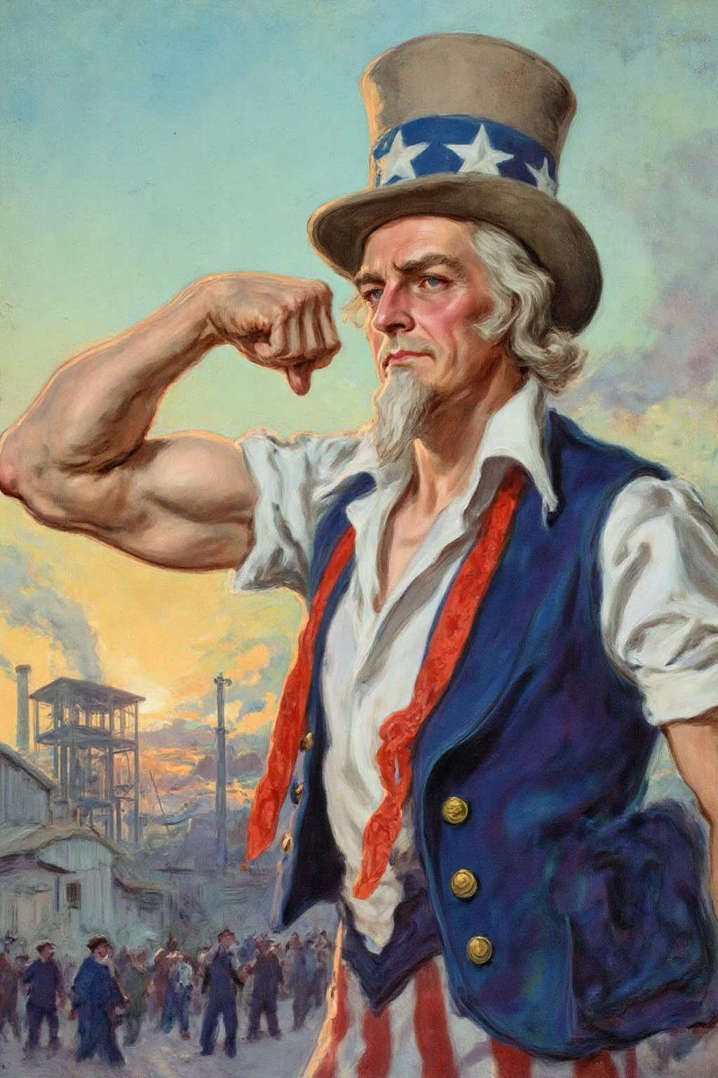 jamesmontgomeryflagg1 illustration.
Uncle Sam flexes his bicep, wearing a blue vest over a white shirt, with a red sash and a tall hat with stars. Behind him, a factory scene where people, buildings, and a structure are visible. The sky shows sunrise. <lora:jamesmontgomeryflagg1_cap_d8a4e12:1.0><lora:859136721323877747:0>